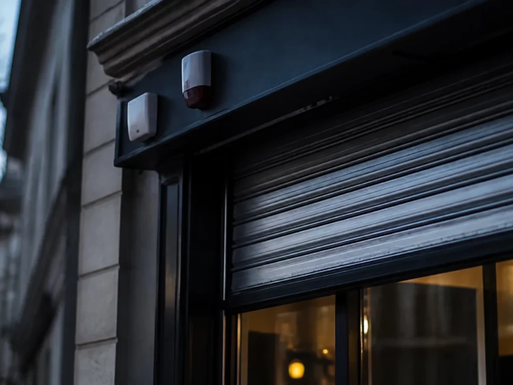 Boîtier d’alarme et sirène en façade d’un commerce, installation type d’un installateur d’alarme en Île-de-France