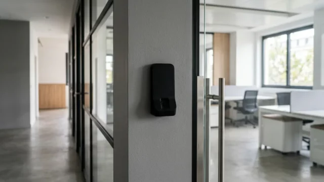 Lecteur biométrique mural installé près d’une porte vitrée dans un couloir d’entreprise