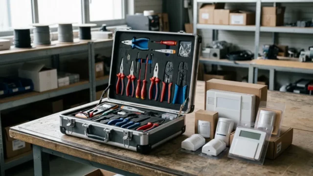 Mallette d’outillage ouverte avec composants d’alarme neufs
