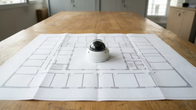 Plan de local professionnel avec une caméra dôme posée dessus