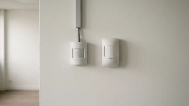 Détecteur filaire et détecteur radio installés côte à côte sur un mur