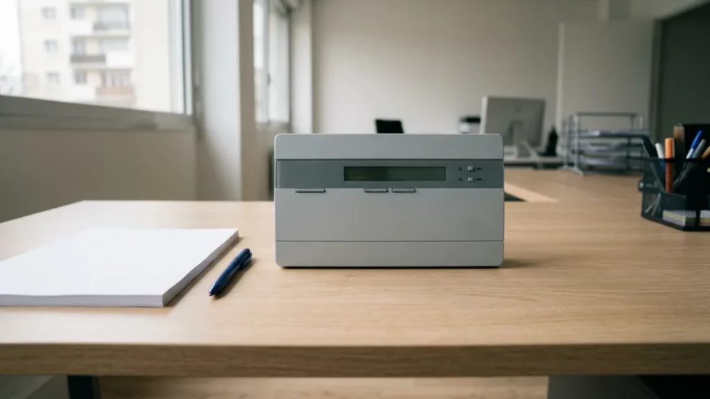 Centrale d’alarme et documents de chiffrage posés sur un bureau