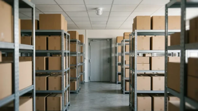 Réserve de magasin avec rayonnages et porte sécurisée