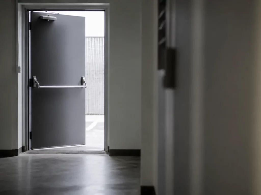Issue de secours à barre anti-panique dans un local professionnel, ouvrant relevé lors d’un audit de sûreté