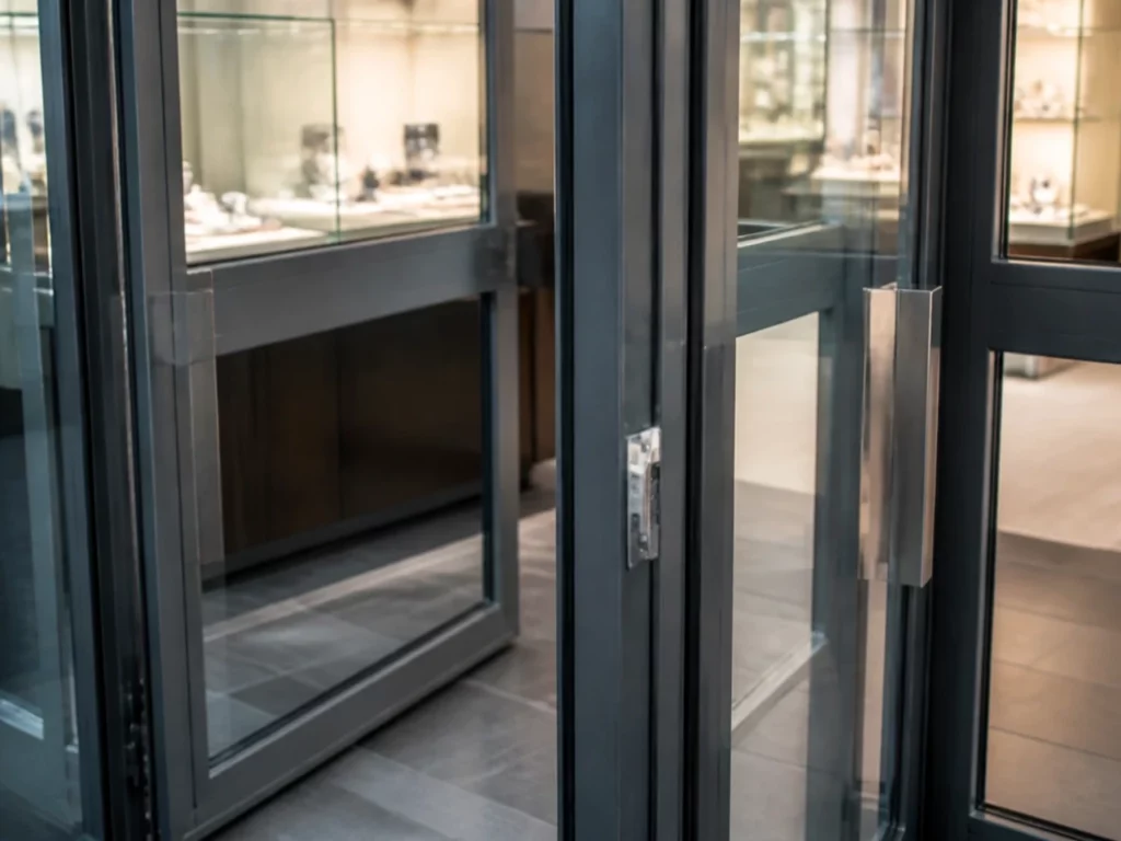 Sas d’entrée à double porte d’un commerce de valeurs, gâche électrique sur le montant