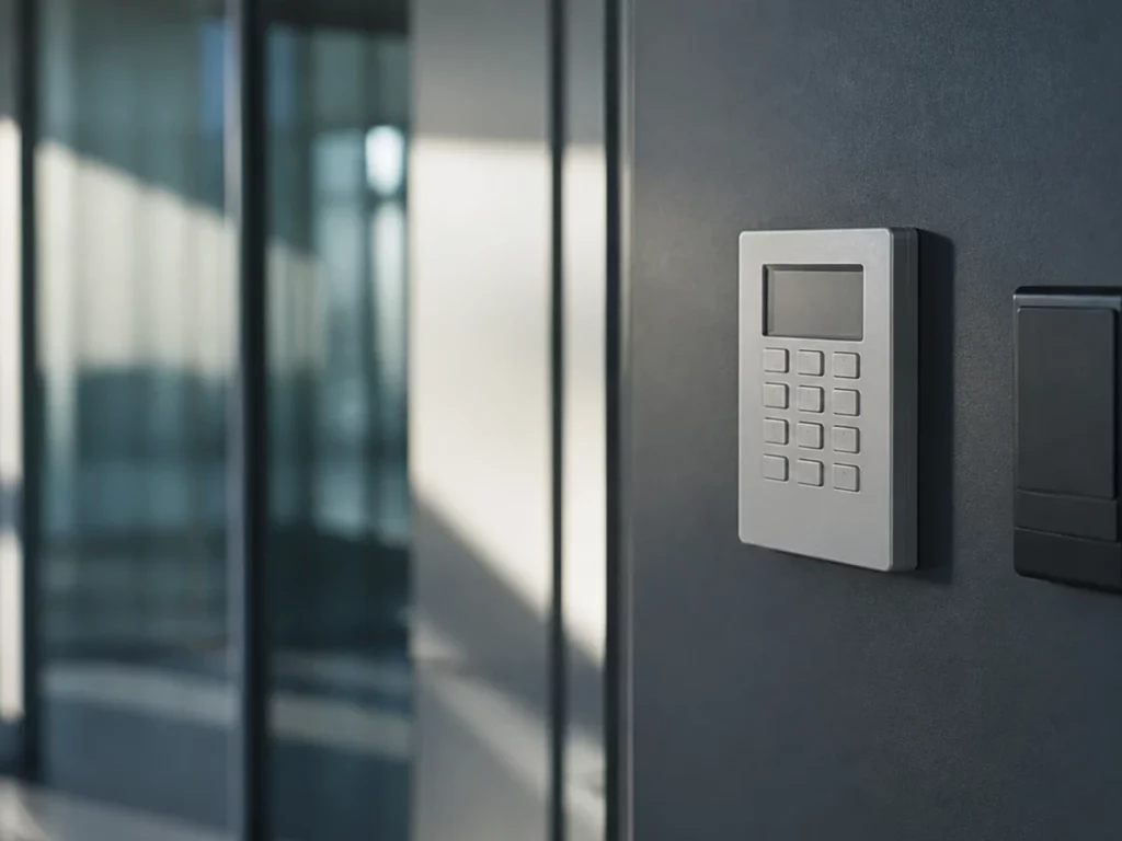 Clavier d’alarme et lecteur de badge côte à côte dans le sas d’entrée d’un plateau de bureaux