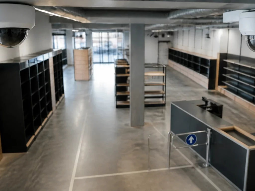 Local commercial vu depuis un angle haut, deux caméras dôme couvrant l’allée et la zone de caisse