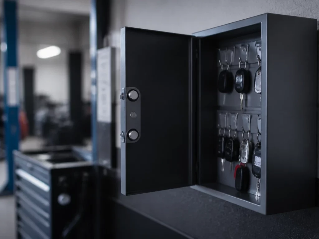 Armoire à clés murale à serrure électronique dans le local technique d’un atelier automobile