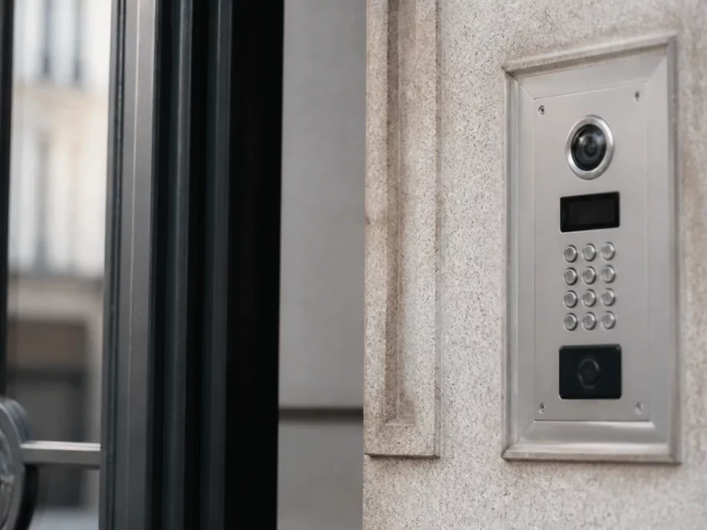 Platine de rue à clavier et lecteur de badge encastrée près de la porte d’un immeuble