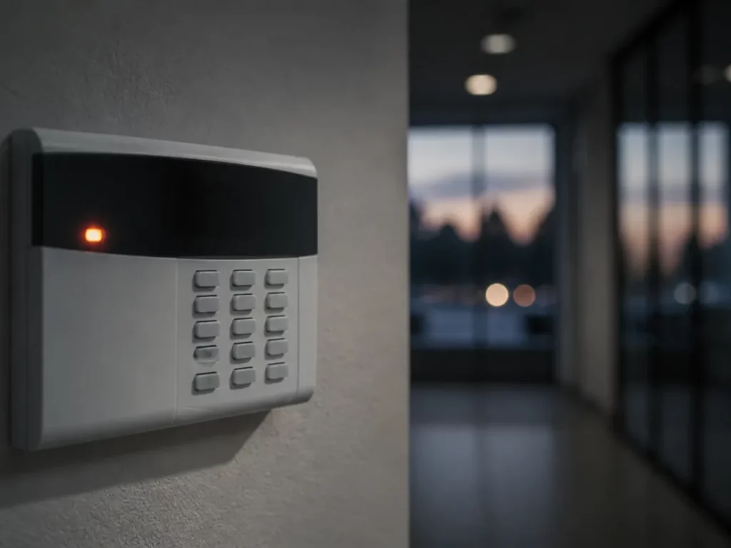 Clavier d’alarme mural dont un voyant d’anomalie est allumé, dans un local professionnel
