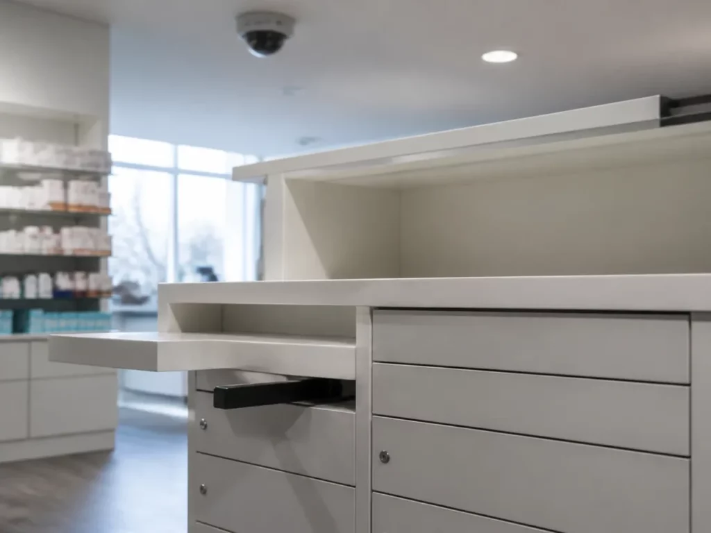 Comptoir de délivrance d’officine avec tiroirs sécurisés et caméra dôme au plafond