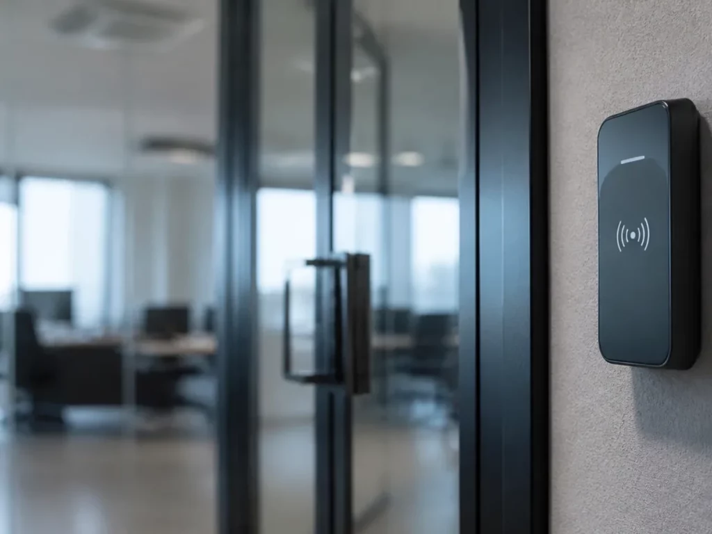 Lecteur de badge compatible téléphone près de la porte vitrée d’un plateau de bureaux