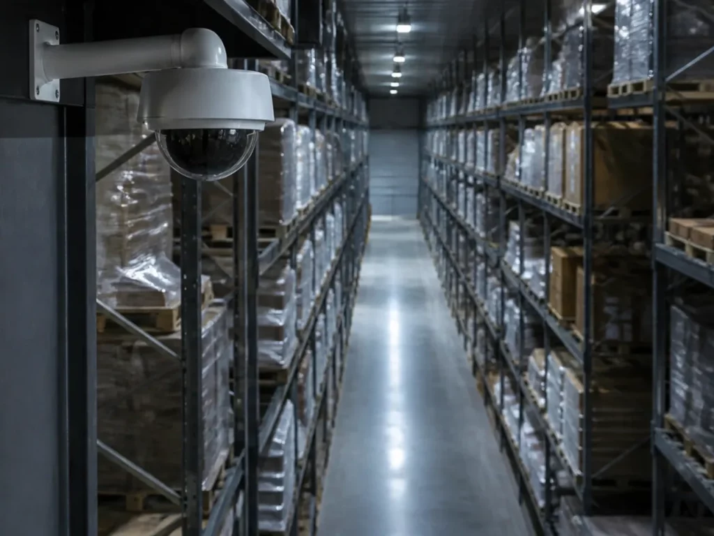 Allée d’entrepôt bordée de racks, caméra dôme montée en hauteur sur potence et orientée vers le fond de l’allée