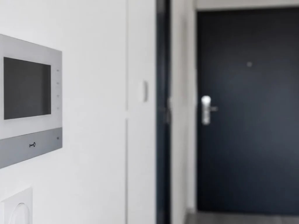 Poste intérieur d’interphone vidéo dans l’entrée d’un appartement, bouton d’ouverture visible