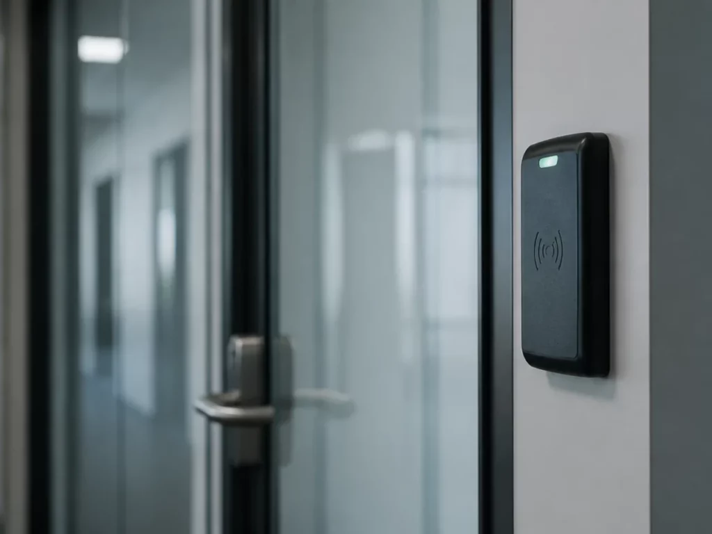 Lecteur de badge mural sur une porte de bureaux, contrôle d’accès par badge nominatif