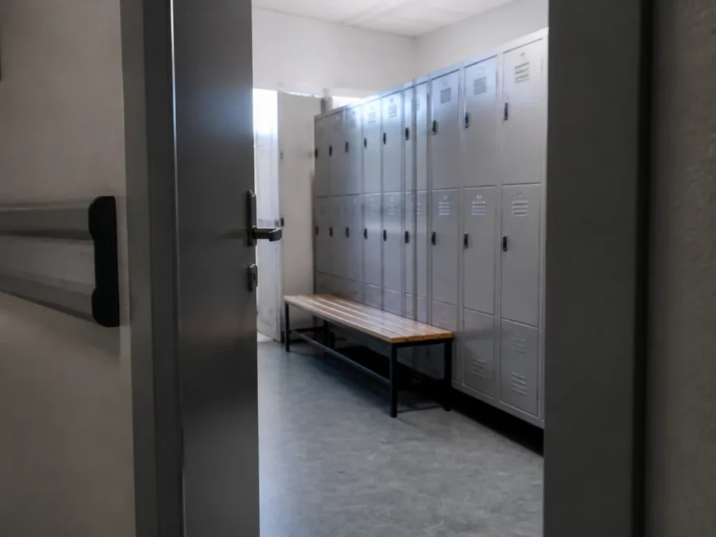 Vestiaire du personnel entrouvert sur un couloir, zone interdite aux caméras de vidéosurveillance au travail