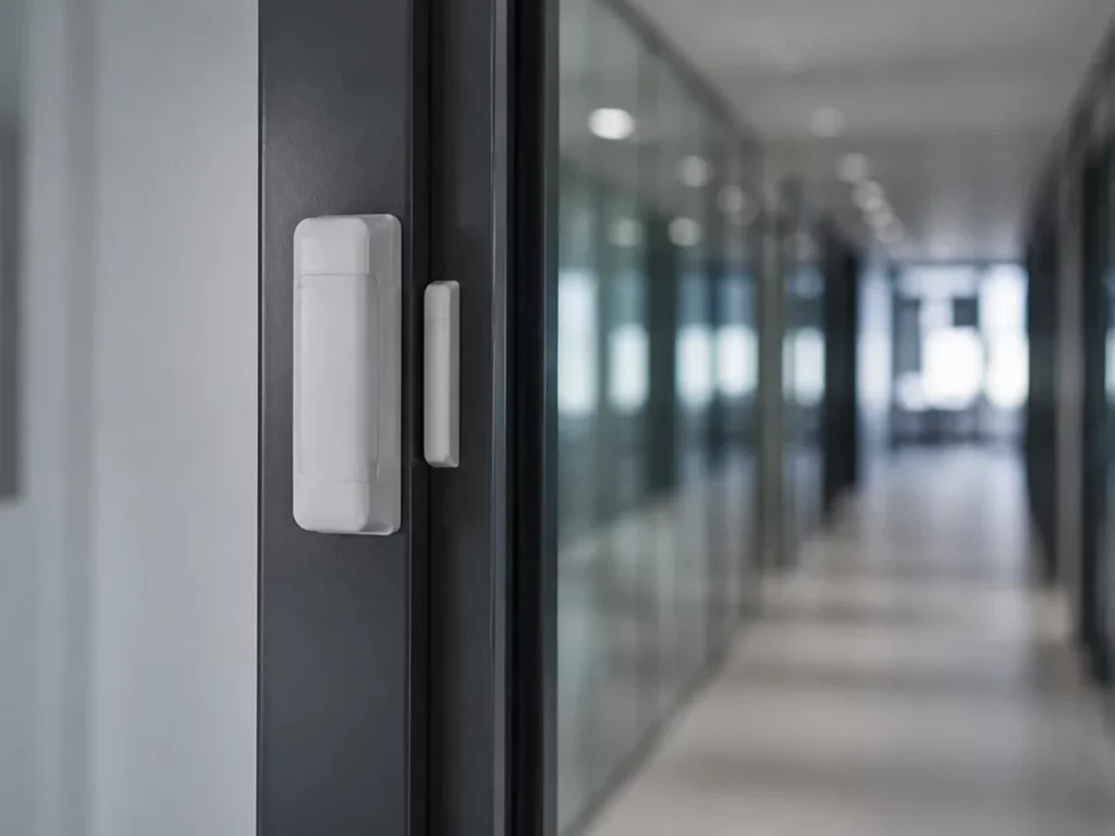 Contact d’ouverture sur une porte vitrée de bureau, point de détection d’une alarme professionnelle