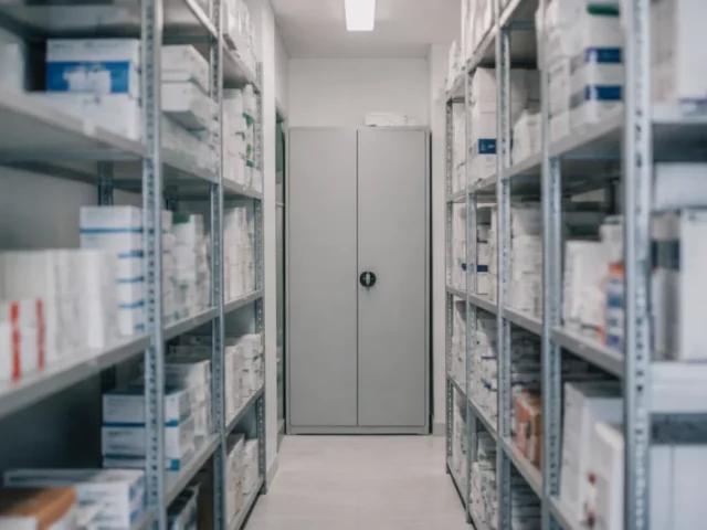 Réserve d’officine avec rayonnages et armoire fermée, zone réservée au personnel d’une pharmacie