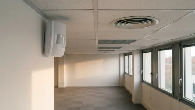 Détecteur de mouvement volumétrique fixé en angle de plafond, près d’une bouche de ventilation, dans un local vide