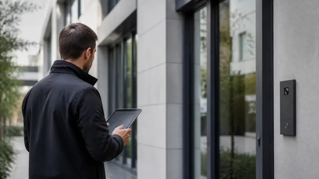 Personne de trois quarts dos, en veste sombre, tablette à la main devant la façade vitrée d’un bâtiment tertiaire équipée d’une platine de contrôle d’accès