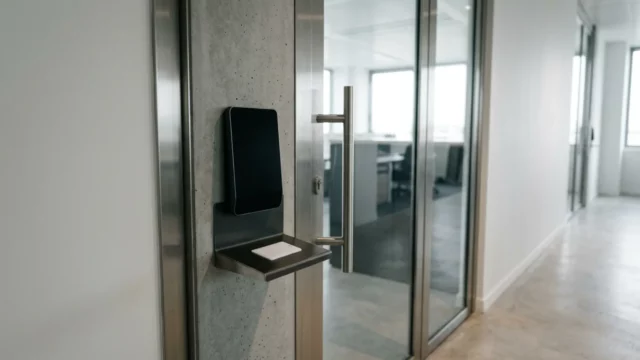 Lecteur de badge mural près d’une porte vitrée de bureau, avec un badge sans contact posé sur la tablette