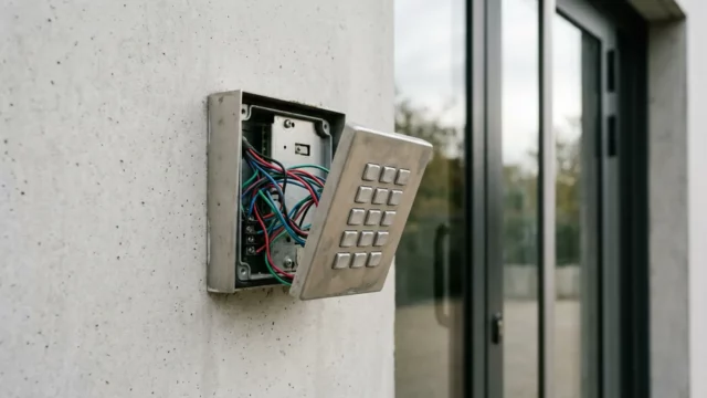 Clavier à code mural ouvert près d’une porte d’immeuble tertiaire, câblage interne apparent sous le capot déposé
