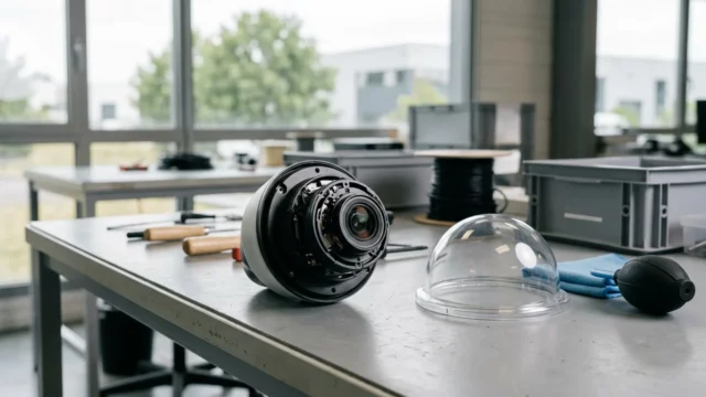 Caméra dôme démontée sur un plan de travail, bulle transparente ôtée à côté de l’objectif