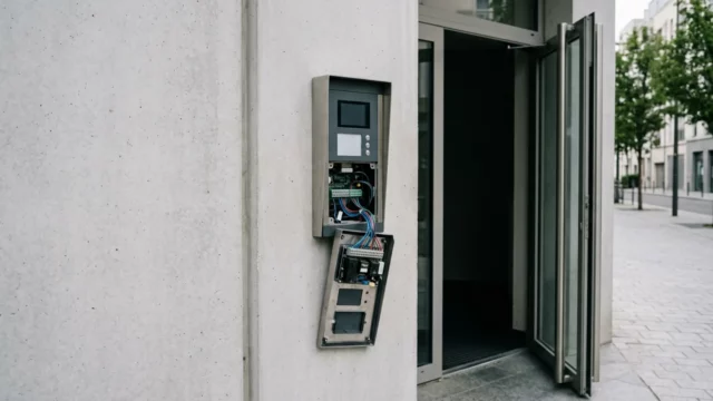 Platine de rue d’interphone vidéo ouverte en façade d’immeuble, bornier et nappe de câbles apparents