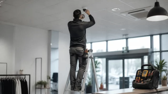 Technicien de dos, sur un escabeau, vérifiant une caméra de vidéosurveillance fixée au plafond d’un local commercial