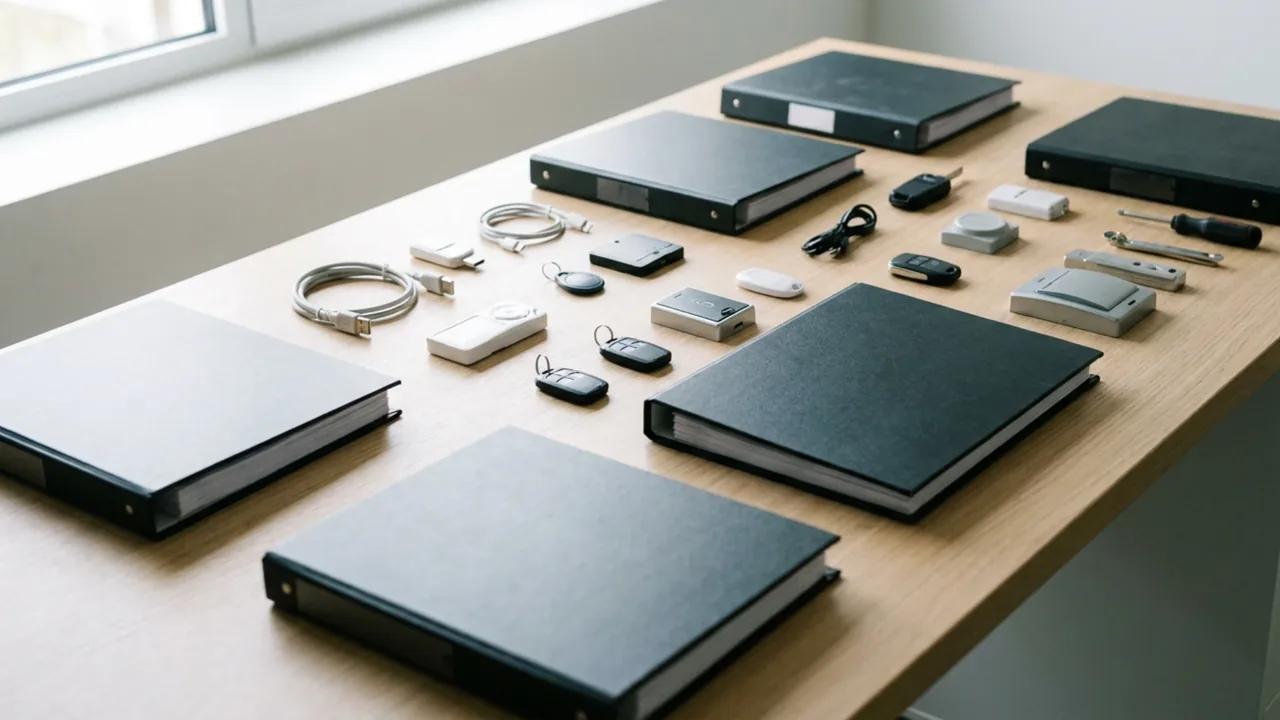 Classeurs de documentation et petit matériel de sécurité électronique disposés à plat sur un plan de travail