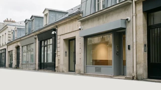Rue d’affaires parisienne bordée de commerces et de bureaux, avec des caméras discrètes en façade