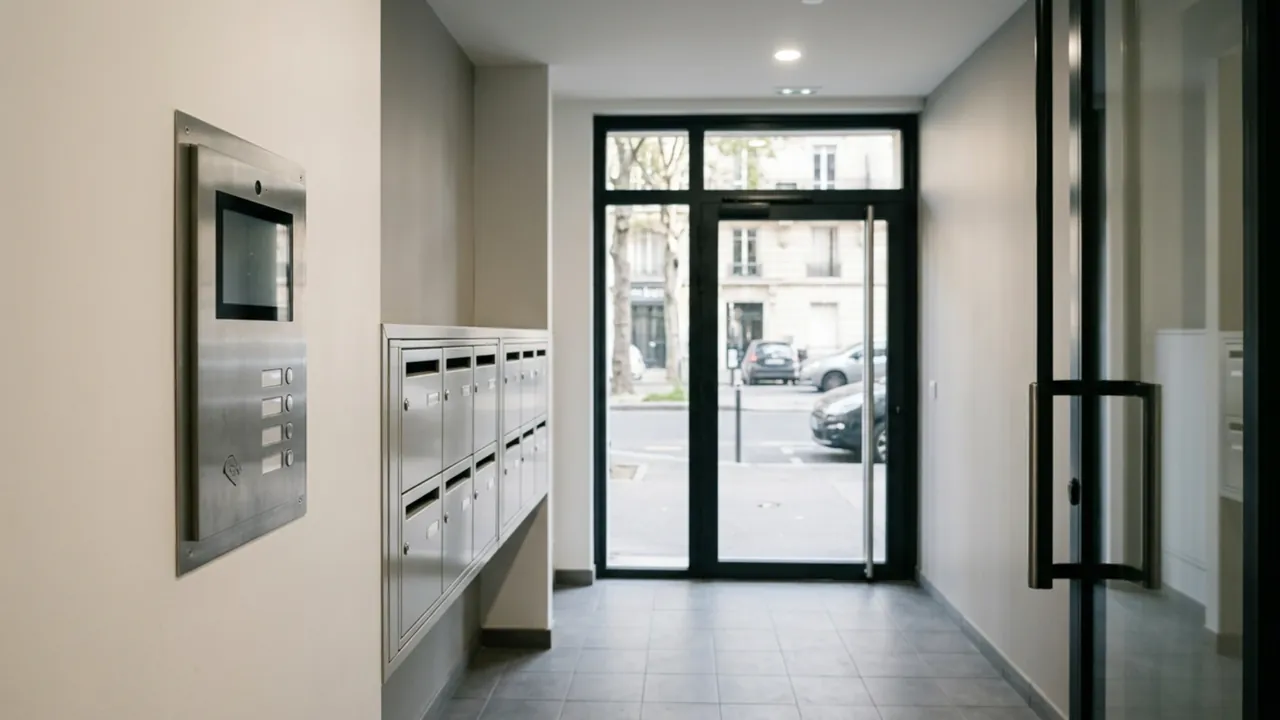 Hall d’entrée d’immeuble avec platine d’interphone vidéo et boîtes aux lettres alignées