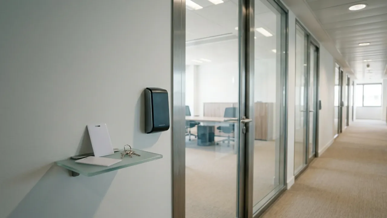 Lecteur de badge mural et badge sans contact près d’une porte vitrée de bureau