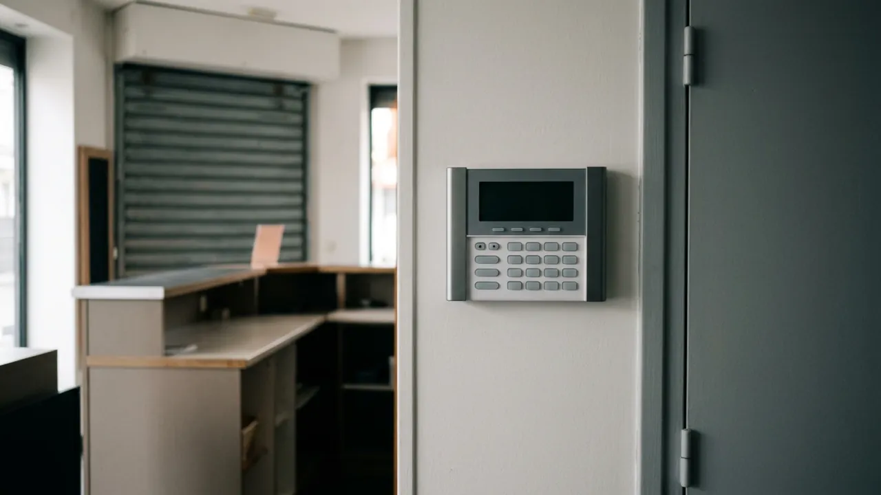 Clavier d’alarme mural près de la porte de service d’un commerce, rideau métallique en arrière-plan