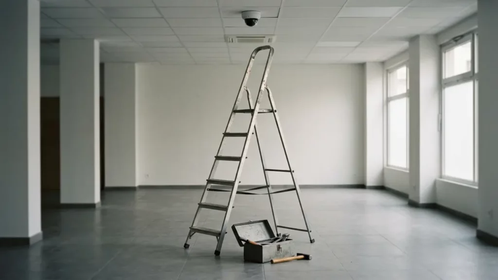 Escabeau déplié sous une caméra de plafond et caisse à outils ouverte, dans un local vide