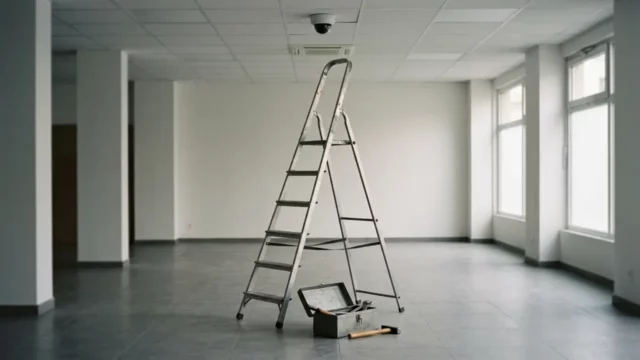 Escabeau déplié sous une caméra de plafond et caisse à outils ouverte, dans un local vide