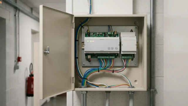 Coffret mural ouvert abritant un transmetteur de télésurveillance et son module de communication