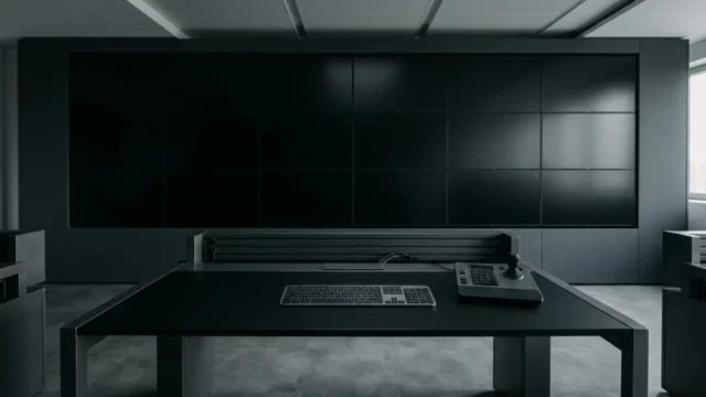 Poste d’exploitation vidéo vide, mur d’écrans éteints et pupitre de commande