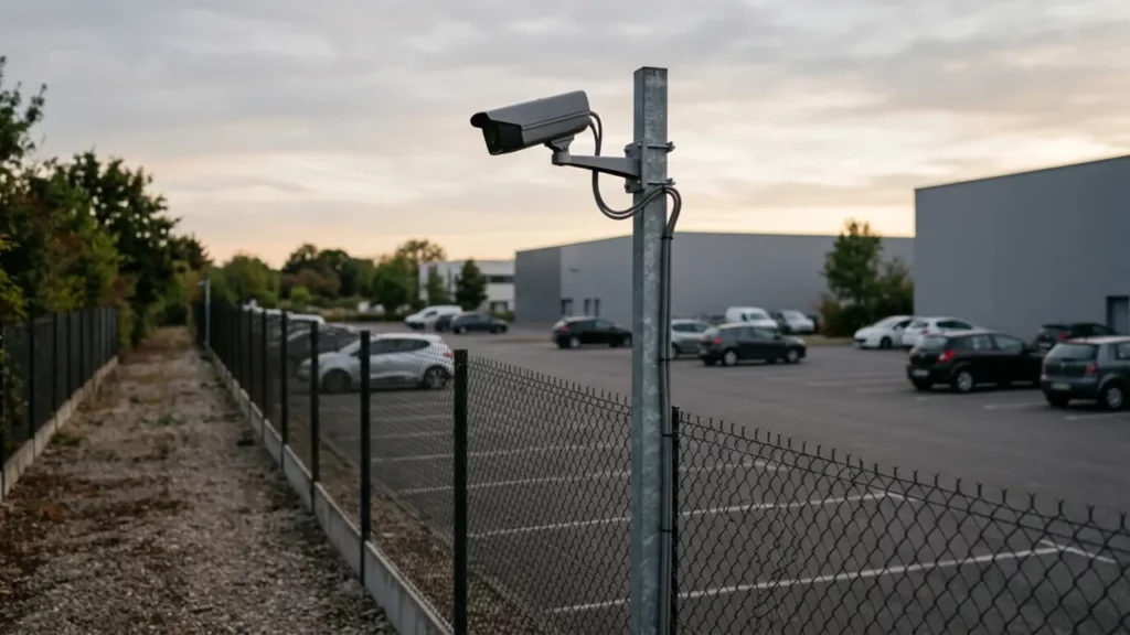 Caméra bullet montée sur un mât en limite de clôture, surveillant le parking d’un site d’activité