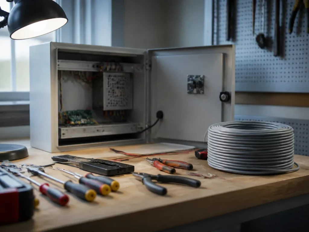 Établi de préparation avec outillage et coffret ouvert, travail d’un installateur de sûreté électronique
