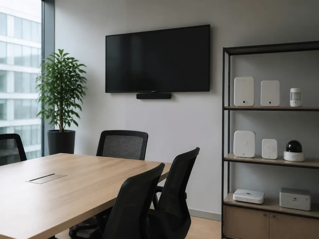 Salle de réunion d’un installateur de sûreté électronique, avec boîtiers d’alarme et caméra de démonstration sur une étagère