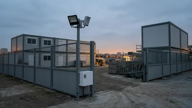 Chantier de gros œuvre clôturé en fin de journée, base-vie fermée et projecteur sur poteau