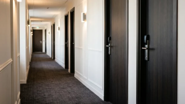 Couloir d’étage d’hôtel avec portes de chambres équipées de serrures électroniques à badge