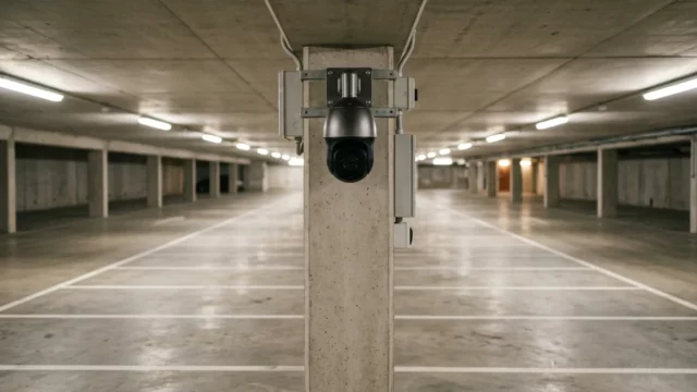 Allée de parking souterrain d’entreprise surveillée par une caméra orientable fixée sur un poteau béton