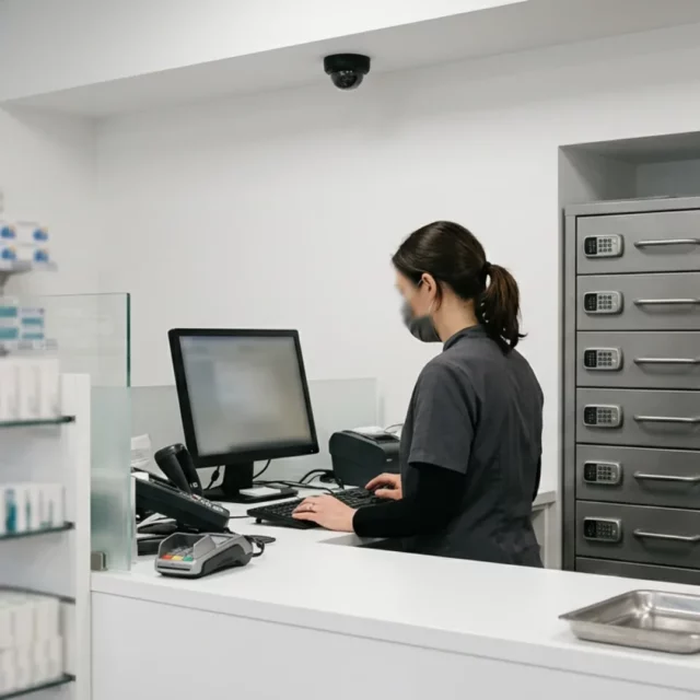 Comptoir de pharmacie équipé de tiroirs sécurisés et surveillé par une caméra dôme au plafond