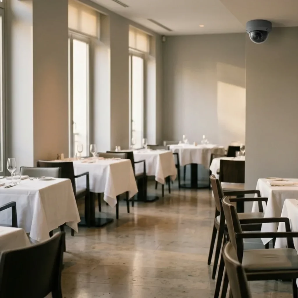 Salle de restaurant dressée avant le service, filmée par une caméra dôme en angle de plafond : un lieu ouvert au public