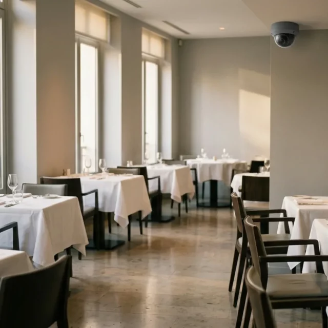 Salle de restaurant dressée avant le service, filmée par une caméra dôme en angle de plafond : un lieu ouvert au public
