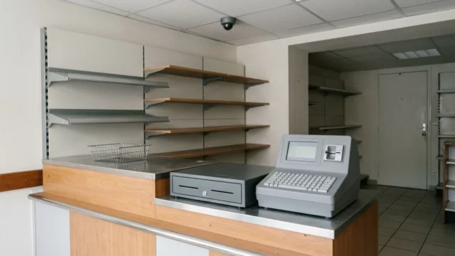 Comptoir de bureau de tabac avec présentoirs muraux et caméra dôme au plafond au-dessus de la caisse