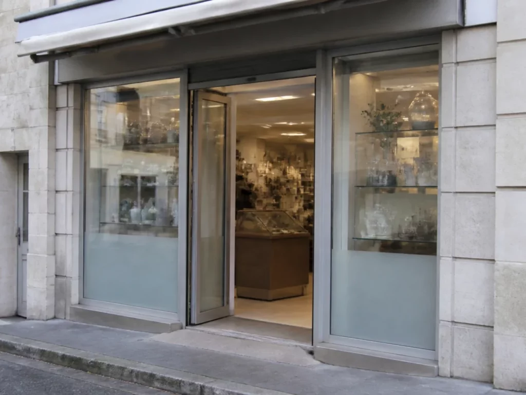 Devanture ouverte d’une boutique de quartier, local librement accessible au public