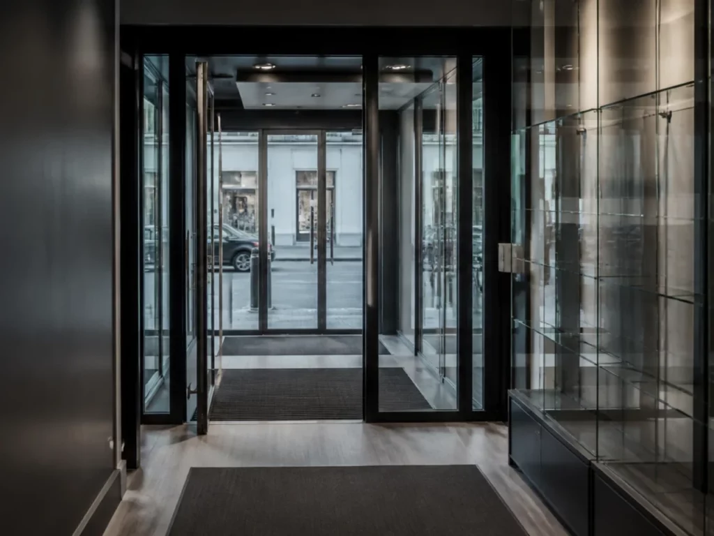 Sas à double porte vitrée à l’entrée d’une boutique, filtrage d’accès d’une bijouterie